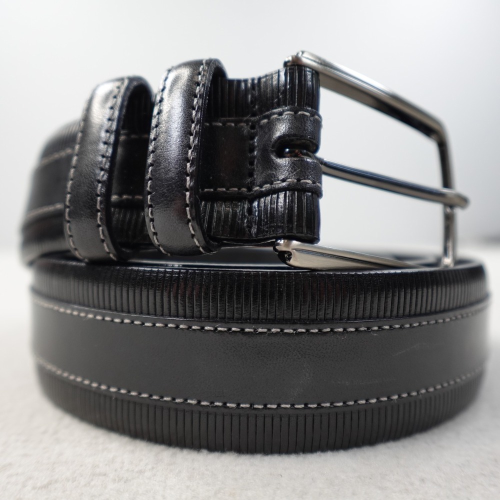 Mezlan Leather Belt Mens 40 Black Embossed Silver Buckle Designer Spain